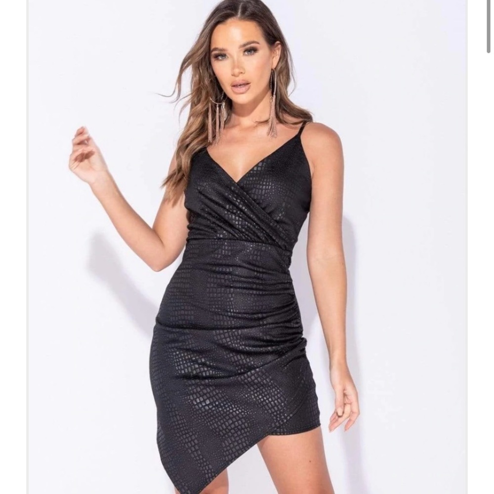 Little black dress w/ croc print wrap over detail asymmetrical bodycon dress v